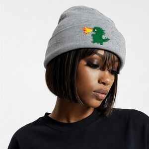 Macy's Gray Beanie with Dinosaur Embroidery